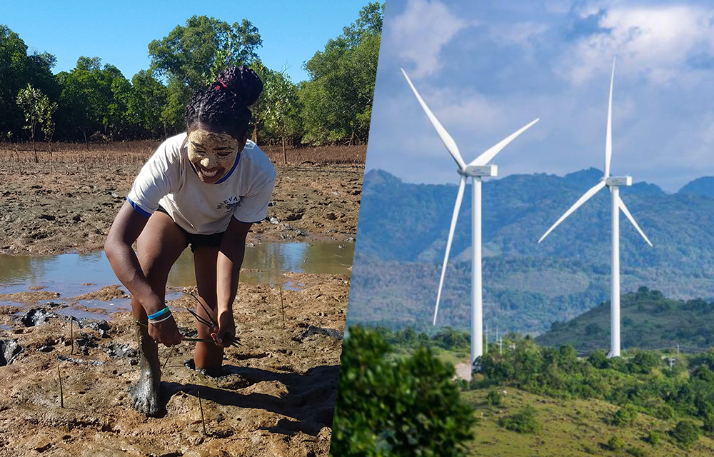 girl planting a tree and wind turbines