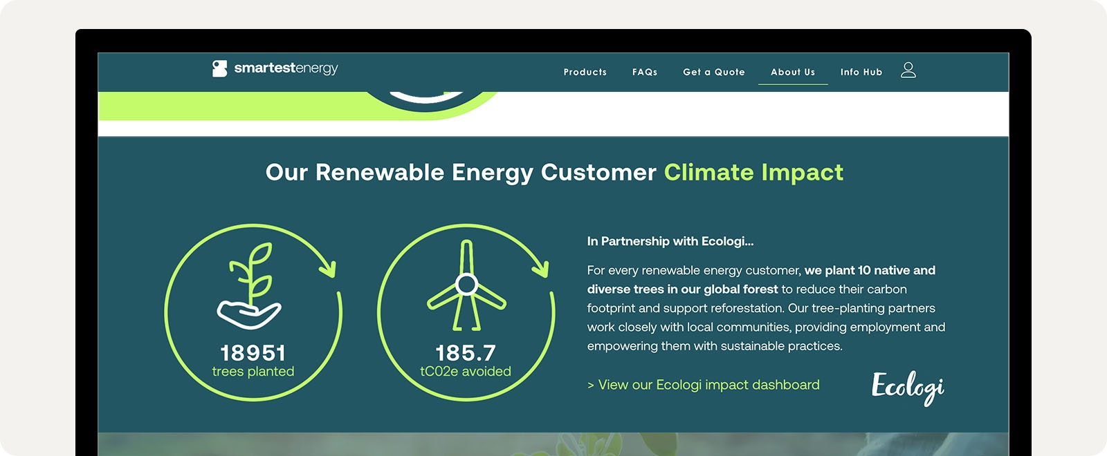 A screenshot of the Climate Impact section on the About Us page for SmartestEnergy Business