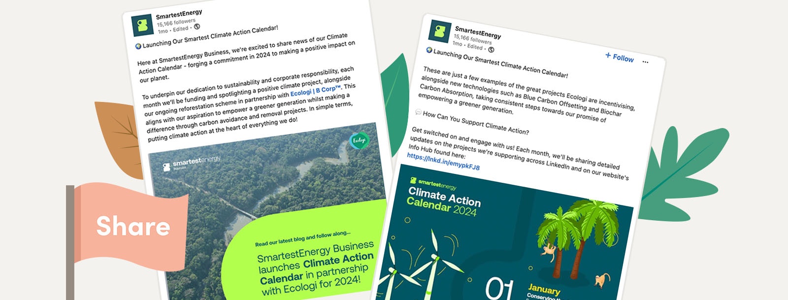 Examples of social posts from SmartestEnergy Business introducing their Smartest Climate Action Calendar
