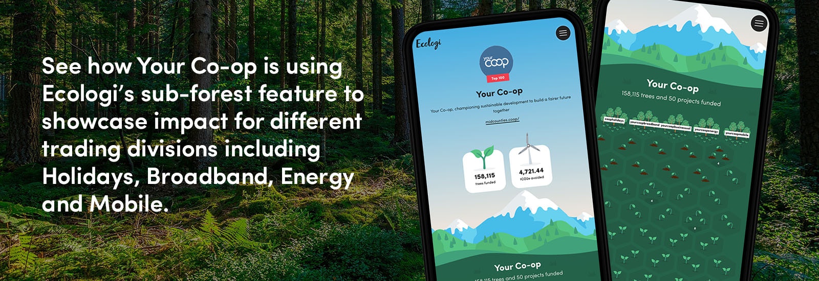 See how Your Co-op is using Ecologi's sub-forest feature to showcase impact for different trading divisions including Holidays, Broadband, Energy and Mobile.
