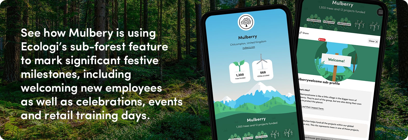 See how Mulbery is using Ecologi’s sub-forest feature to mark significant festive milestones, including welcoming new employees as well as celebrations, events and retail training days.
